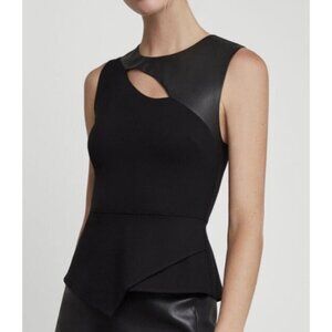 BCBGMAXAZRIA Women's Top Black Cut-out Vegan Leather Insert Top Sleeveless S
